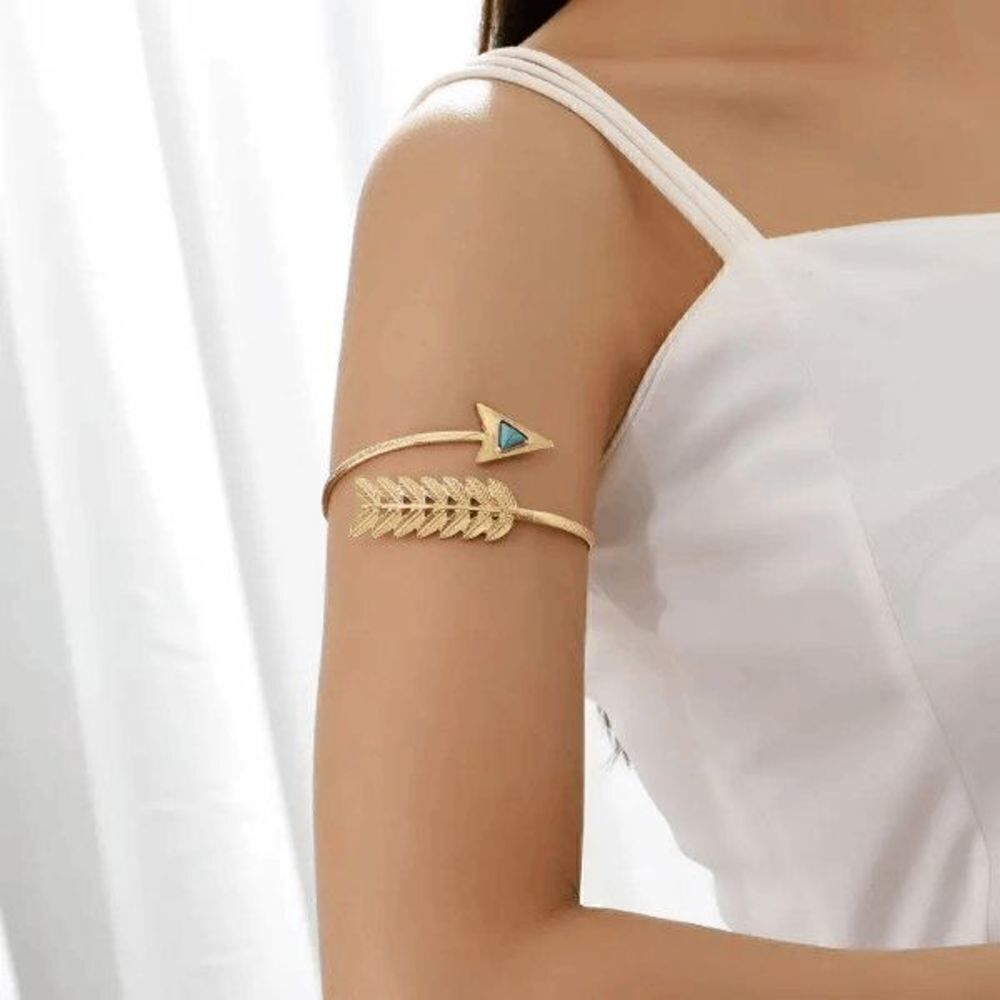 Gold Turquoise Arrow Leaf Adjustable Arm Cuff
